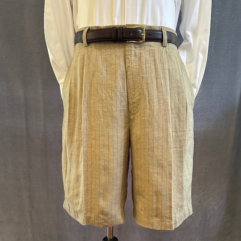 Henry Jacobson tan striped linen pleated shorts. 34” waist.